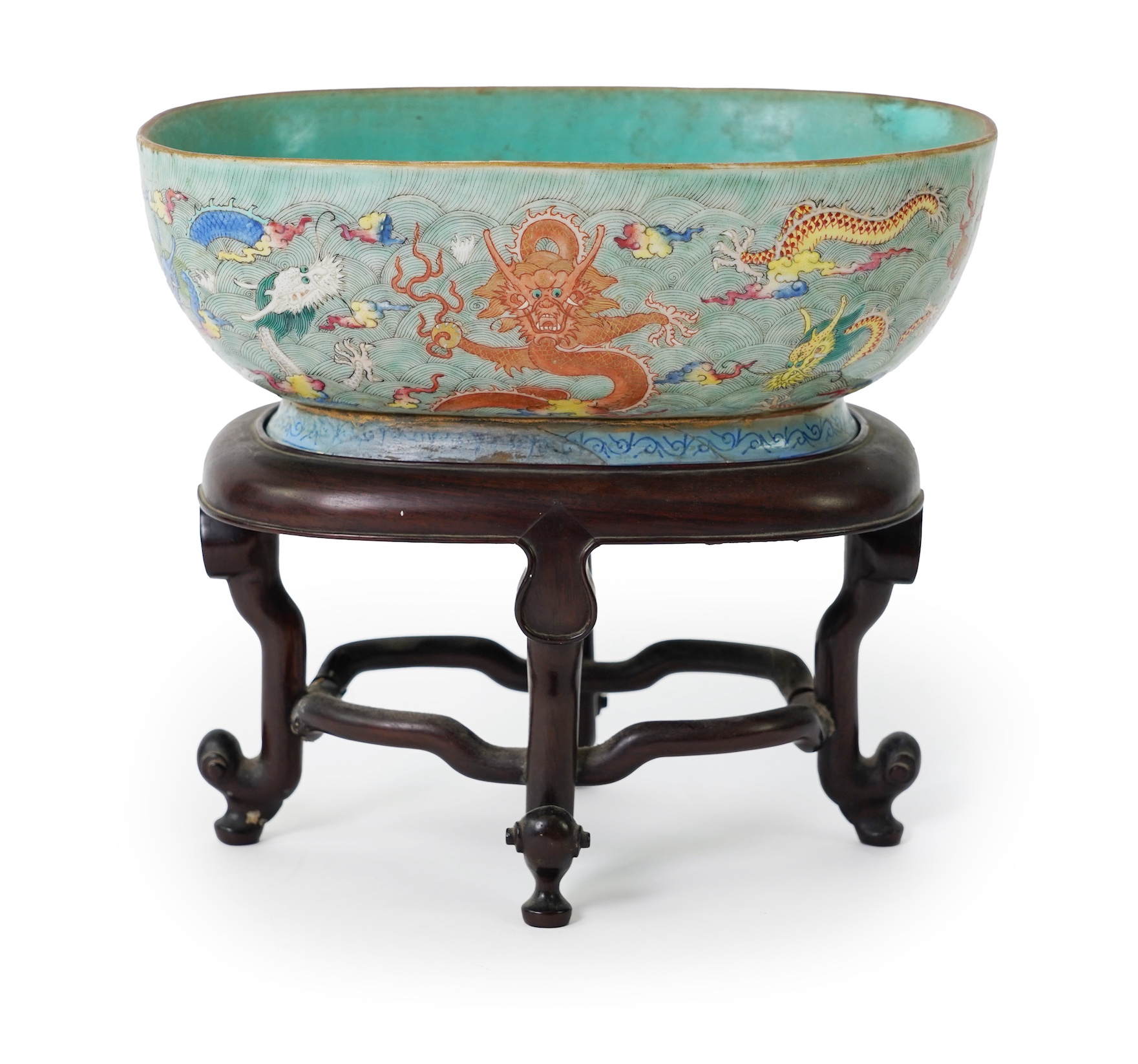 A Chinese enamelled porcelain ‘dragon’ oblong bowl, Daoguang seal mark but late 19th century